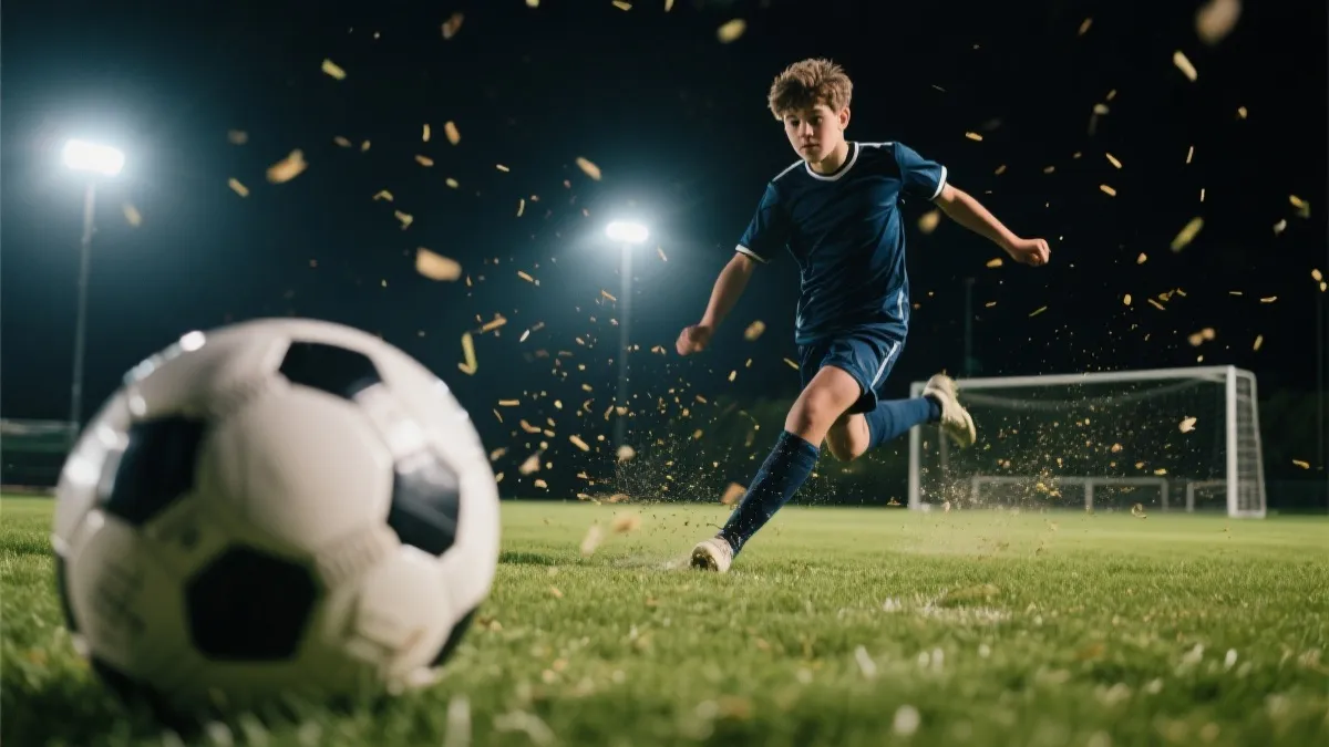 训练场上年轻前锋在灯光下射门练习的场景