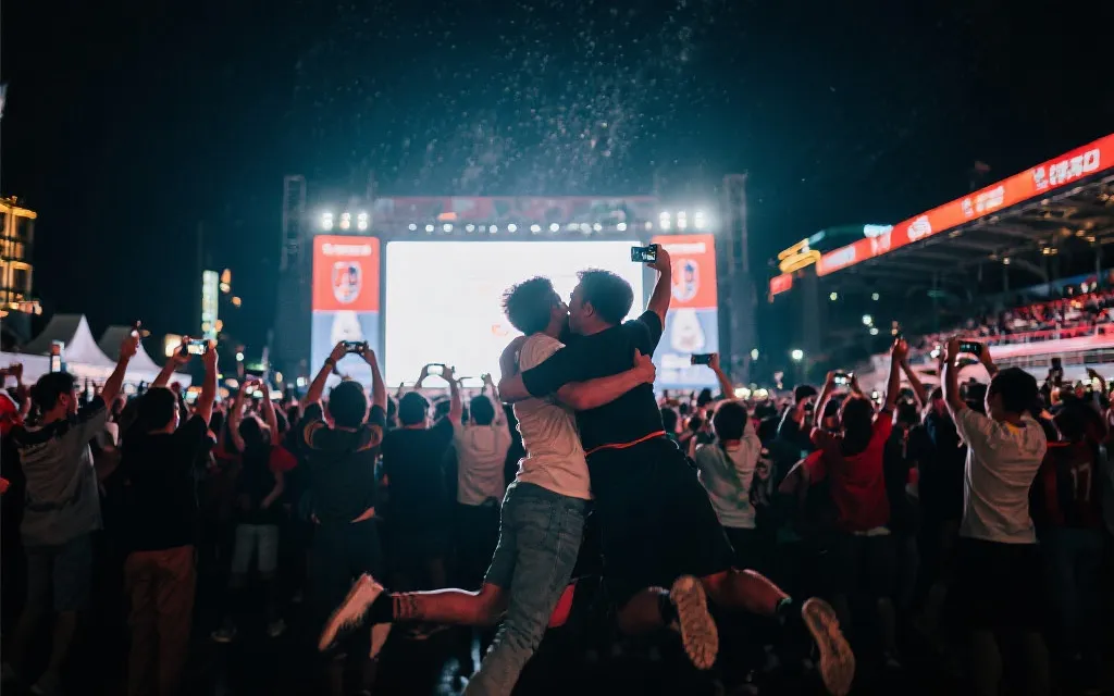 球迷广场大屏幕前人群高举双手，手机记录同一瞬间的画面
