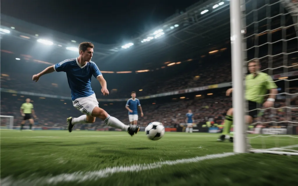 球员在禁区前沿完成倒三角配合与抢点射门的动态场景，世界杯氛围